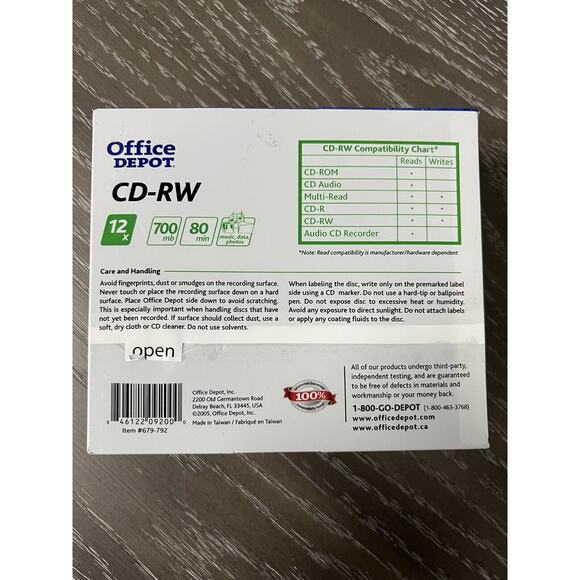 CD-RW (10 Pack) Office Depot 12x 700 MB 80 Min, New and Sealed - Picture 2 of 6